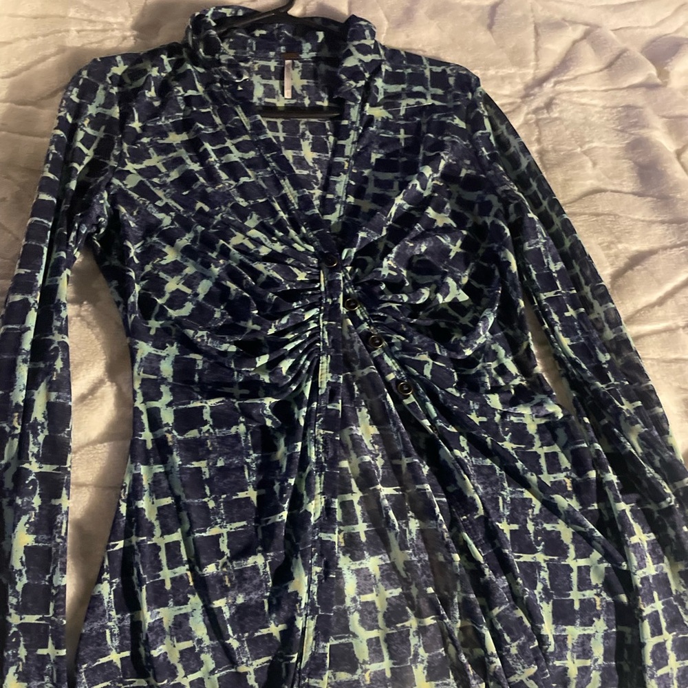 Button down navy blue and baby blue sheer top from free people, size Large